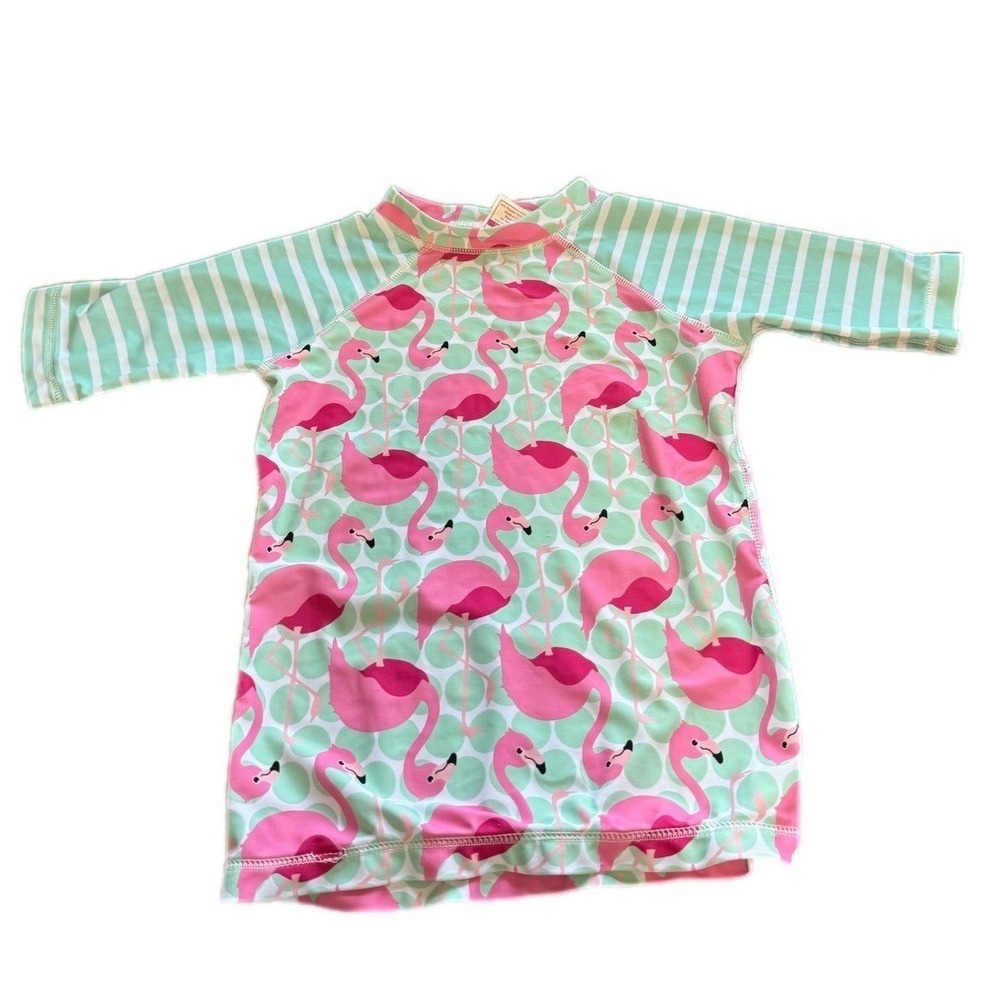 Ruffle Girl Rash Guard Kids Size 10 Pink Flamingo Mint‎ Green Striped Excellent